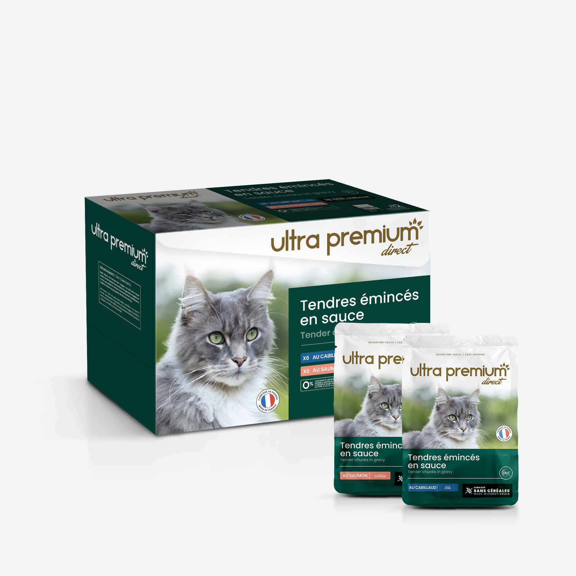 Ultra Premium Direct Emincés en Sauce Saumon / Cabillaud pour chat Sans Céréales